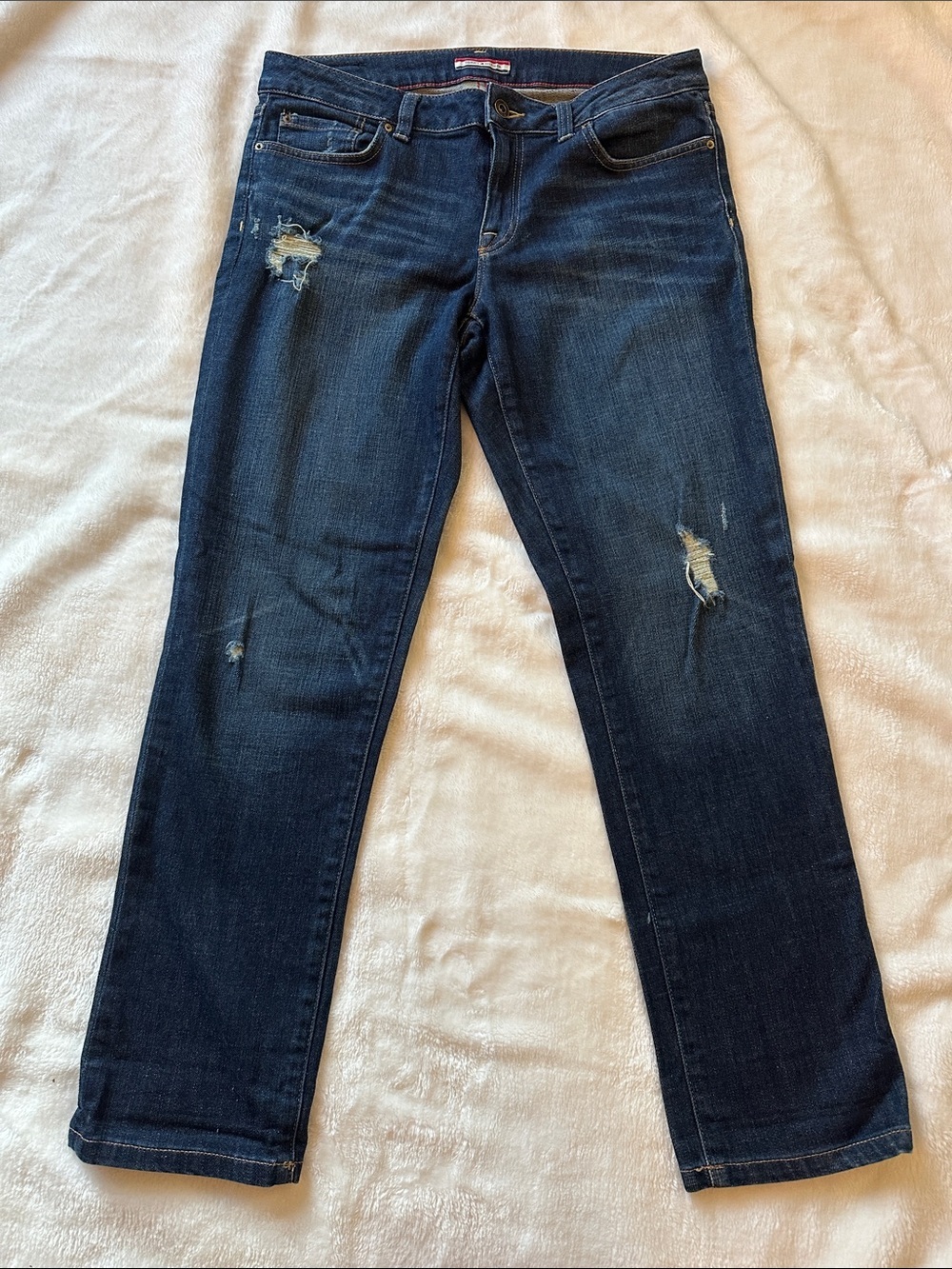 TOMMY HILFIGER Women’s Dark Blue Distressed Straight Leg “Boyfriend”Jeans Sz 8 - Picture 3 of 12